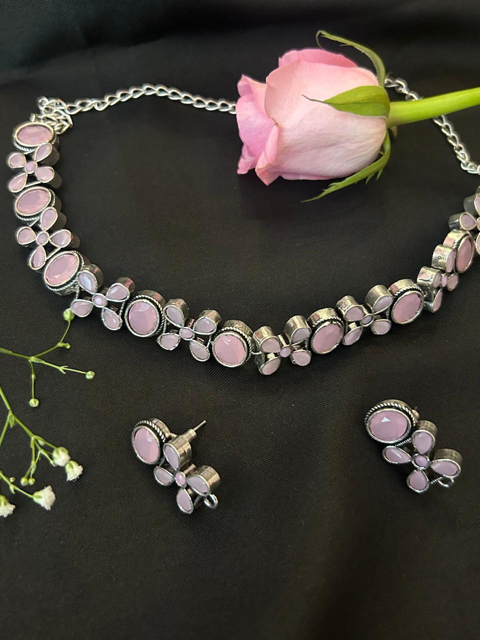 Pink precious Stone Oxidized Choker with Earring set