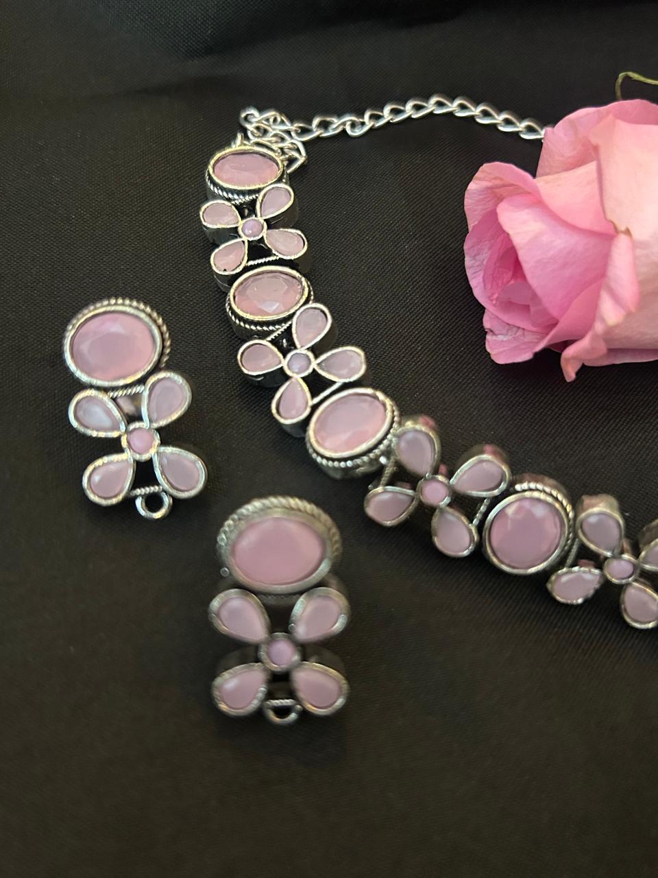 Pink precious Stone Oxidized Choker with Earring set