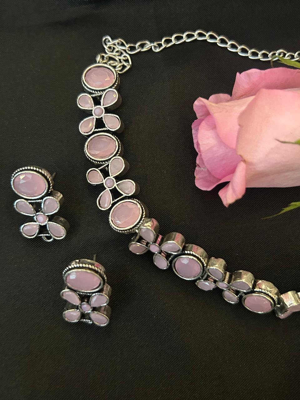Pink precious Stone Oxidized Choker with Earring set