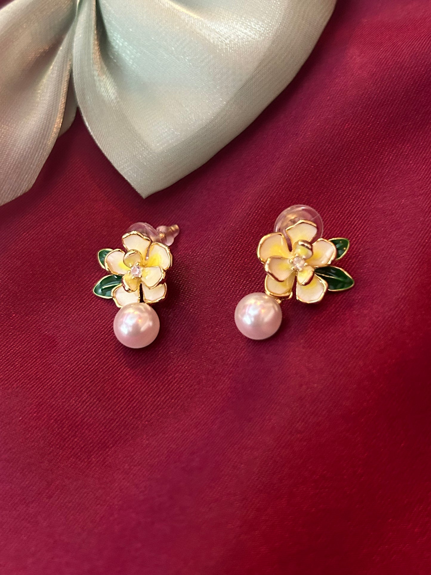 Yellow white flower Earrings with pearl drops