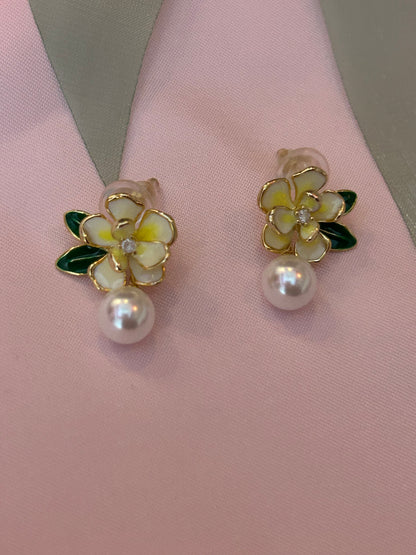 Yellow white flower Earrings with pearl drops