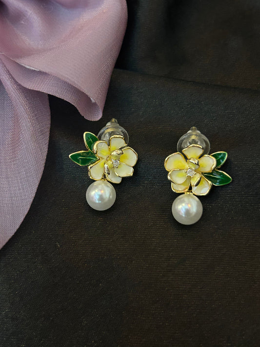 Yellow white flower Earrings with pearl drops