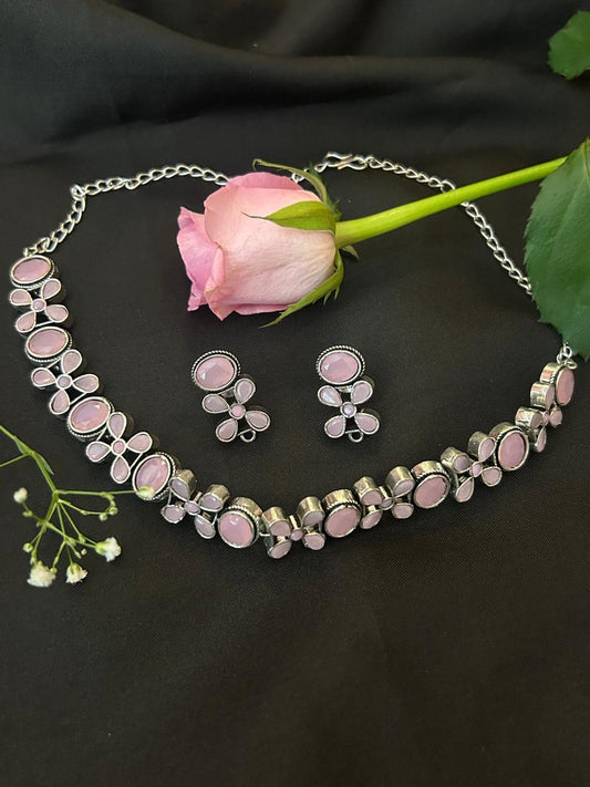 Pink precious Stone Oxidized Choker with Earring set